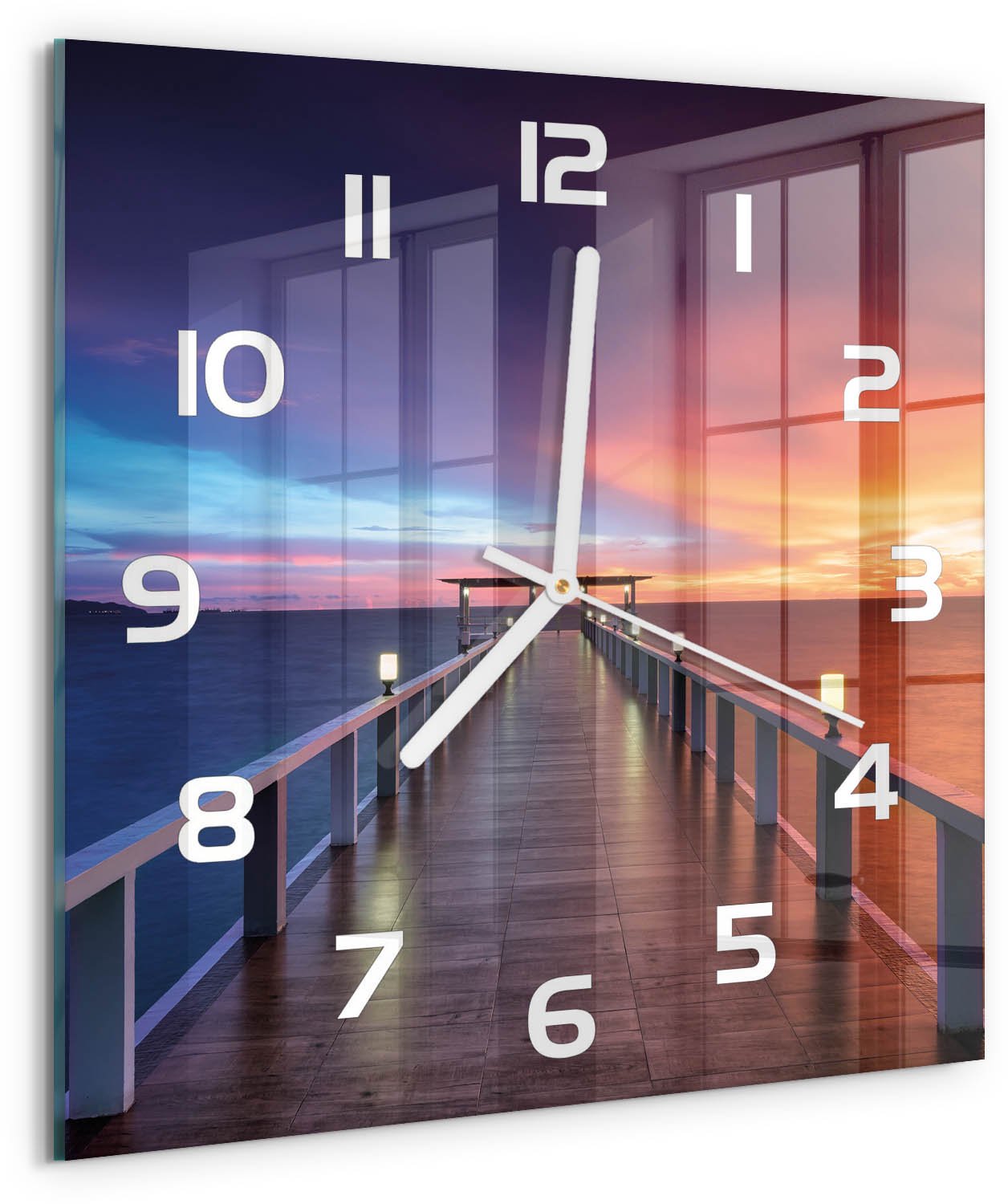 Tulup Wandklok - Houten brug Glazen Klok Met Print - 30x30 cm - Oranje Wandklok Glas Met Motief - Witte handen - Vierkante Klok - Wandklok Glas Decoratie - Gekleurde Glazen Klok