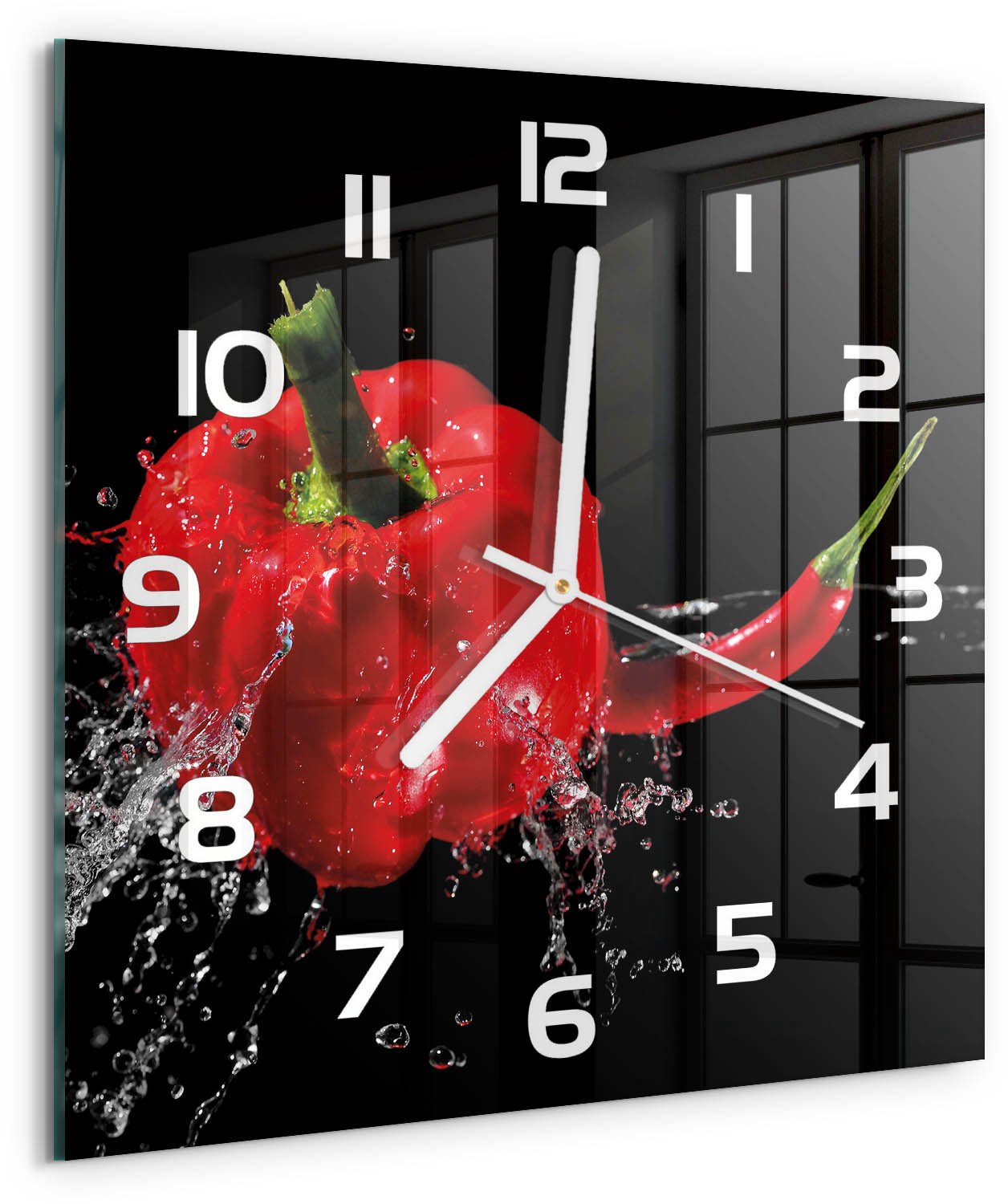 Tulup Wandklok - Rode peper Glazen Klok Met Print - 30x30 cm - Rood Wandklok Glas Met Motief - Witte handen - Vierkante Klok - Wandklok Glas Decoratie - Gekleurde Glazen Klok