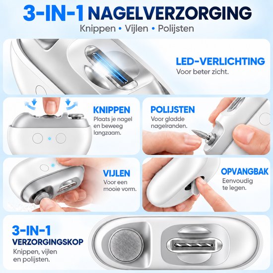 Overzicht van 3-in-1 nagelverzorging: knippen, vijlen, polijsten en LED-verlichting.