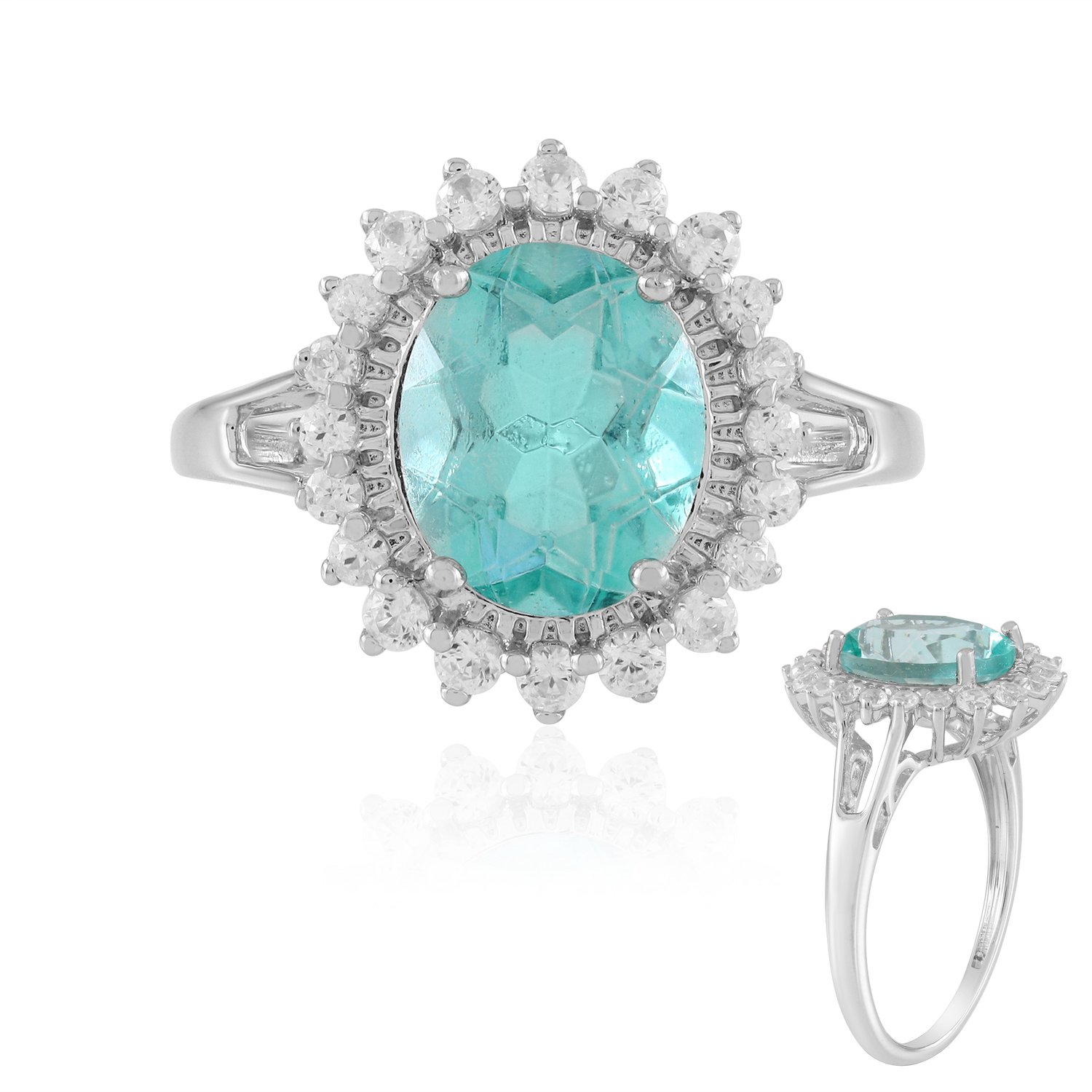 Cavill - Zilveren Ring met 3,28 ct Blauwe Paraiba Kwarts - Platina Geplatineerd Zilver - Ovaal Sprankelend met Tanzaniaanse Zirkonia - Elegant