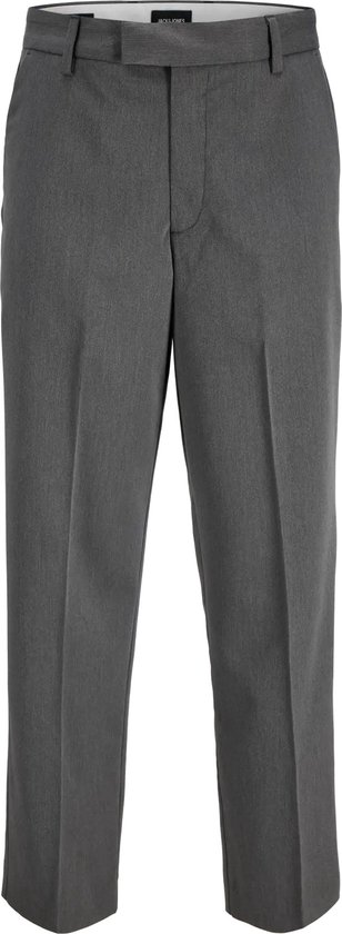 Grijze pantalon met wijde pijpen, riemlussen en platte voorkant. Jack & Jones logo zichtbaar aan de tailleband.