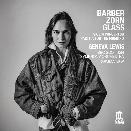 Zwart-wit albumhoes: Geneva Lewis in een spijkerjas over een wit overhemd met stropdas, naast tekst Barber Zorn Glass.