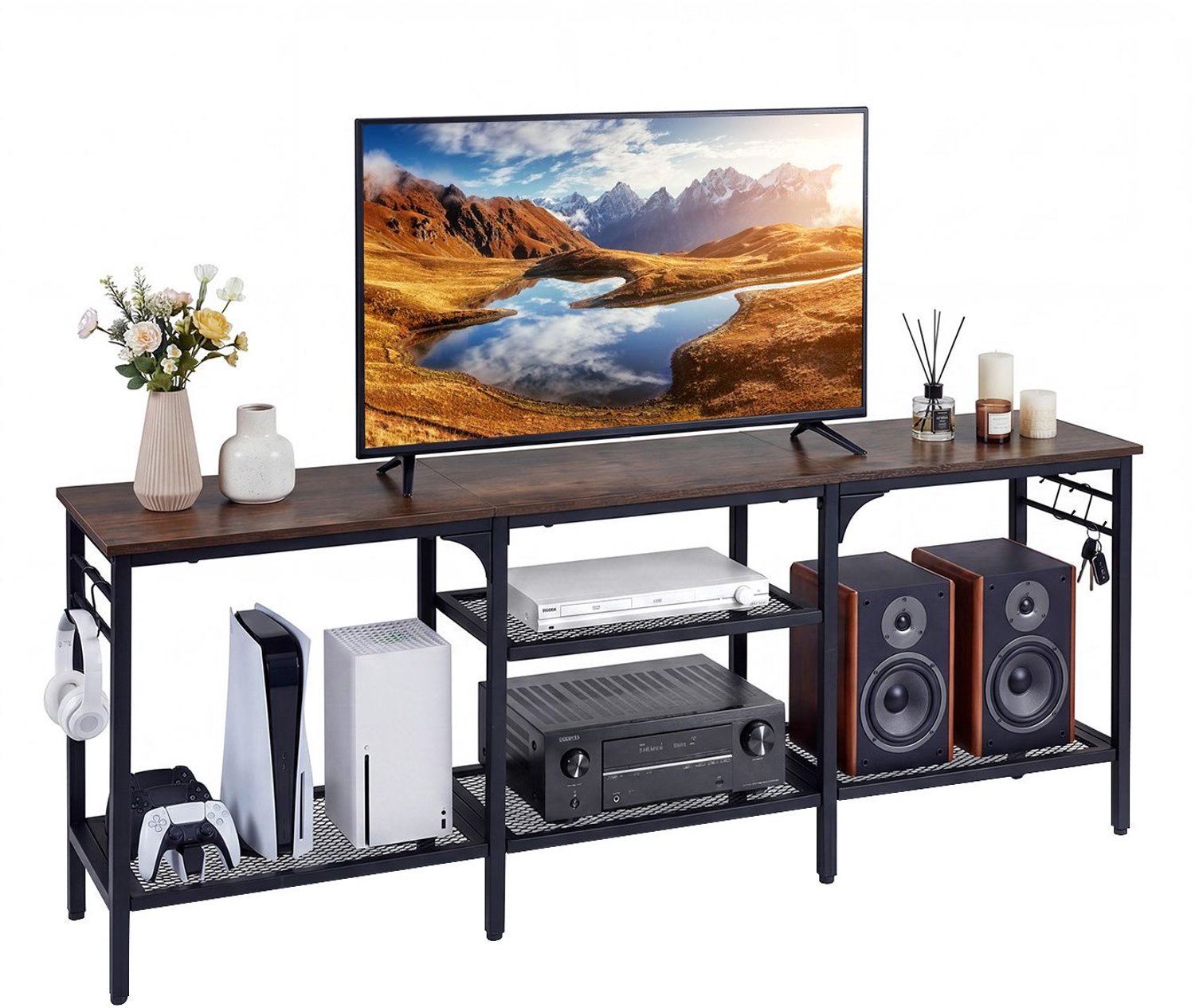 SureDeal® - TV Meubel - Lowboard - Televisies Inch Kast - Open Planken Televisiekast - Metalen rek - 140x30x56 cm - Koffiebruin