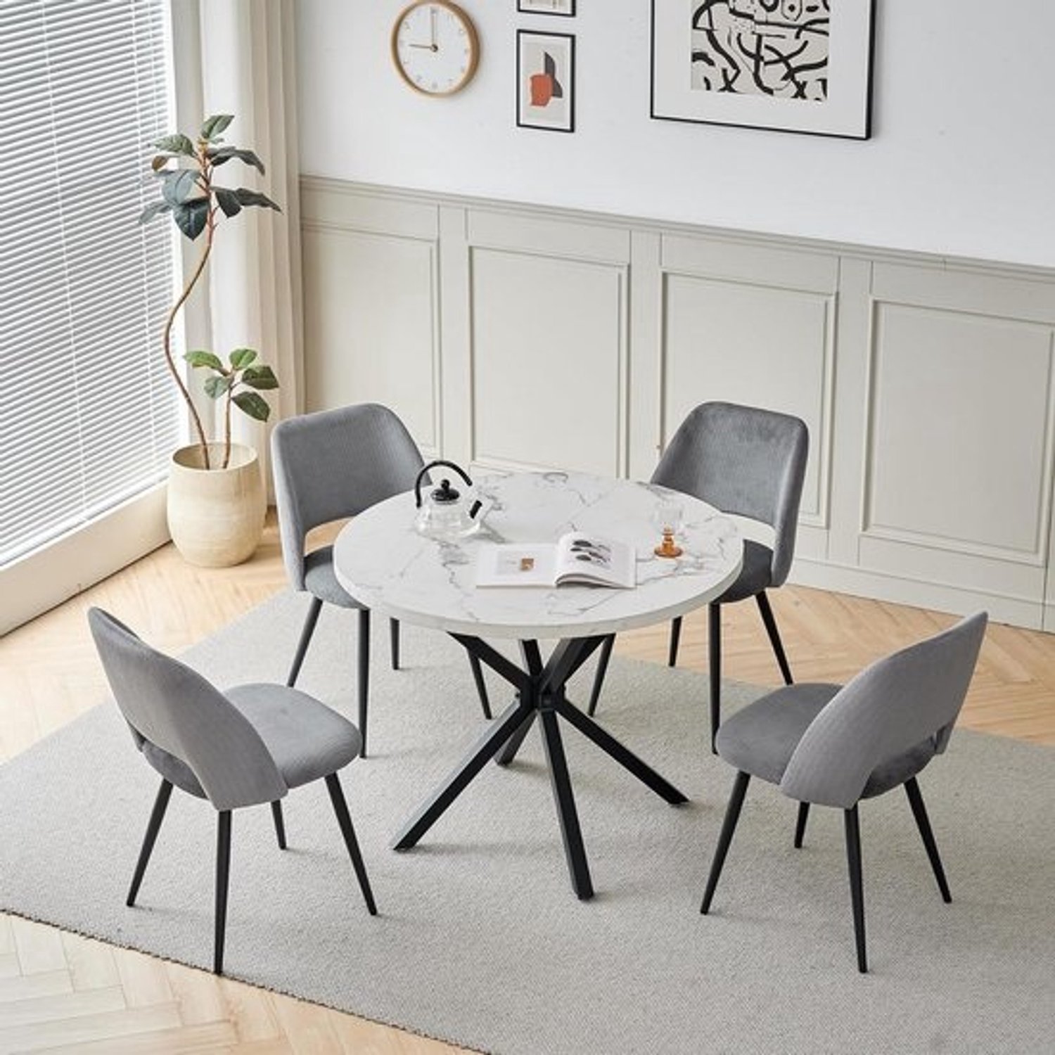 Eettafelset met stoelen - Eetkamerset - Samen eten - Mid-century modern design - 100 cm rond - Wit zwart grijs