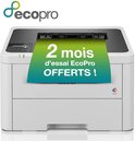 Brother kleurenprinter met een EcoPro-logo en een groen-naar-blauw verlooplabel met tekst: 2 mois d'essai EcoPro OFFERTS!