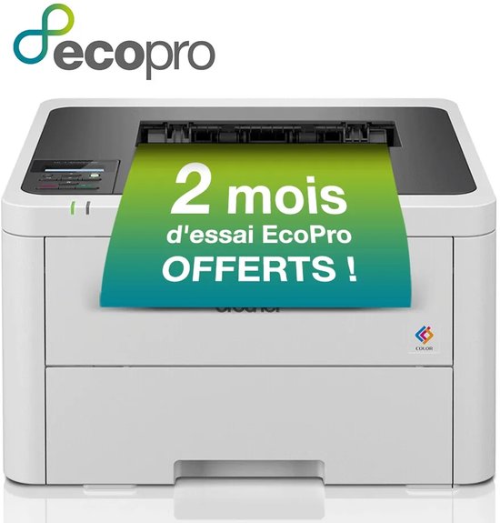 Brother kleurenprinter met een EcoPro-logo en een groen-naar-blauw verlooplabel met tekst: 2 mois d'essai EcoPro OFFERTS!