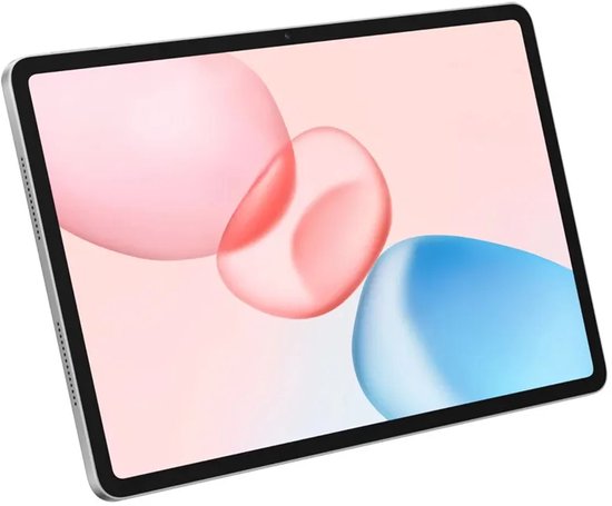 Zilvergrijze HONOR-tablet schuin getoond met een roze en blauw schermachtergrond.