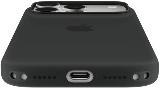 Zwart siliconen hoesje, onderaanzicht met USB-C poort, luidsprekeropeningen en Apple-logo.