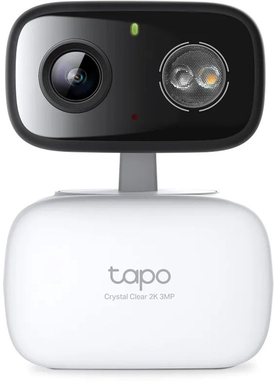 Vooraanzicht van de witte Tapo 2K 3MP camera met zwarte lens en ingebouwde spot voor nachtzicht.