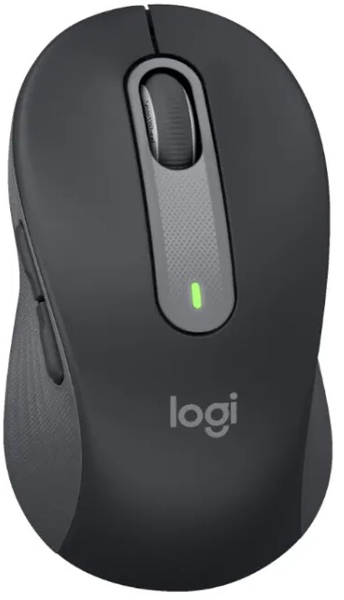 Zwarte ergonomische muis met een grijs scrollwiel en groen indicatielampje, merk Logi.