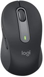 Zwarte ergonomische muis met een grijs scrollwiel en groen indicatielampje, merk Logi.