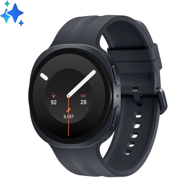 Zwarte smartwatch vanuit een schuine hoek met een fonkelend icoon linksboven op de witte achtergrond.