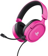 Roze Trust GXT 498 Forta gamingheadset met microfoon aan de rechterkant.
