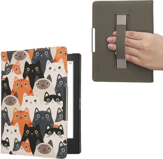 kwmobile e-reader hoesje geschikt voor Kobo Aura H2O Edition 1 hoes - E reader flip case met magneetsluiting - Ereader cover - Katten design in oranje / zwart / wit — afbeelding 5