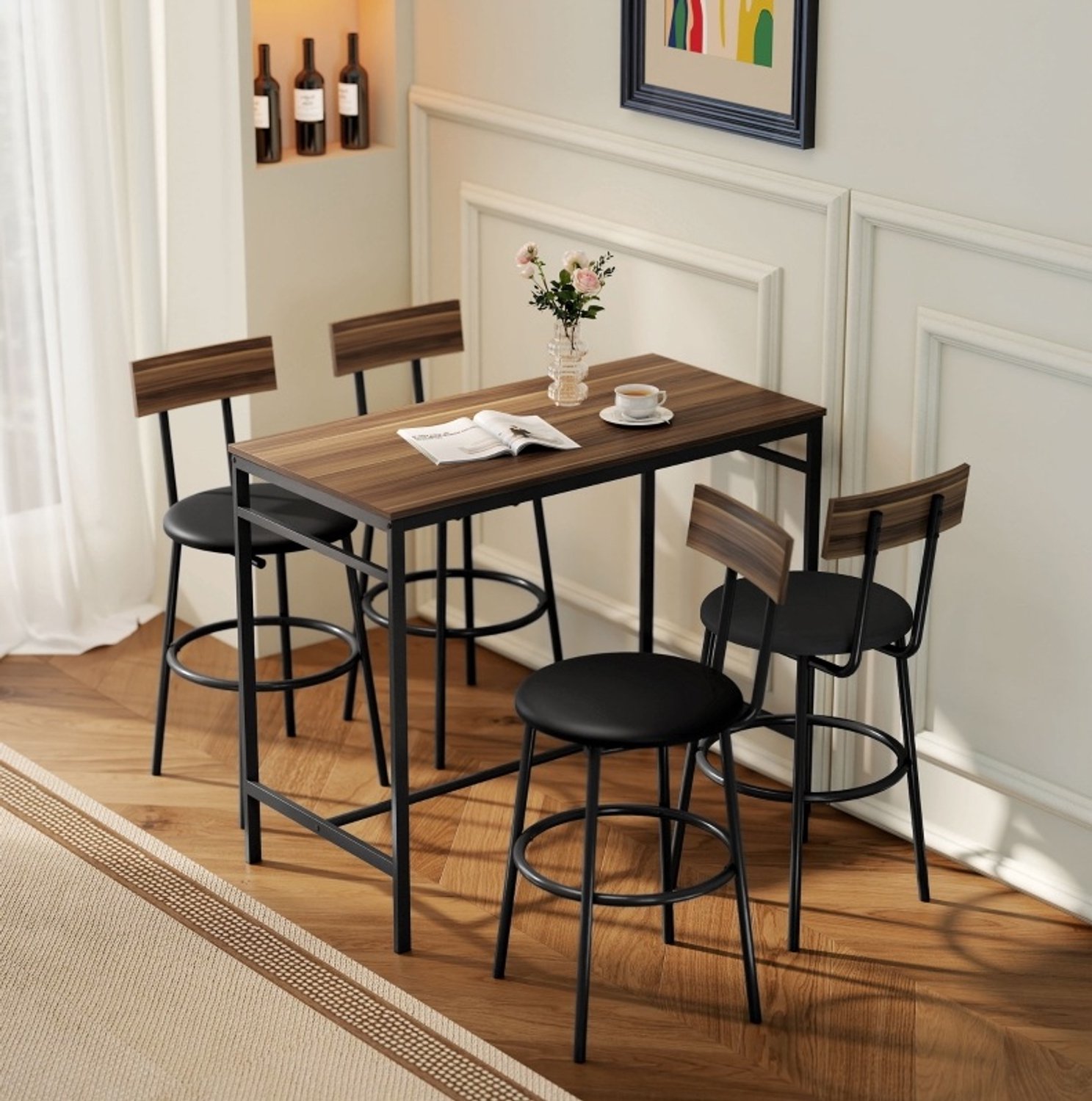 CHICFURN Bartafel 110 cm - 4 personen - Ruimtebesparend - 5-delige set - Keuken en eetkamer - Hout en staal - Bruin