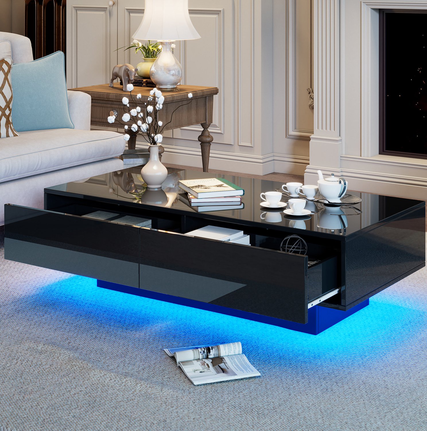 CHICFURN Salontafel - 2 lades - LED-verlichting - hoogglans - zwart
