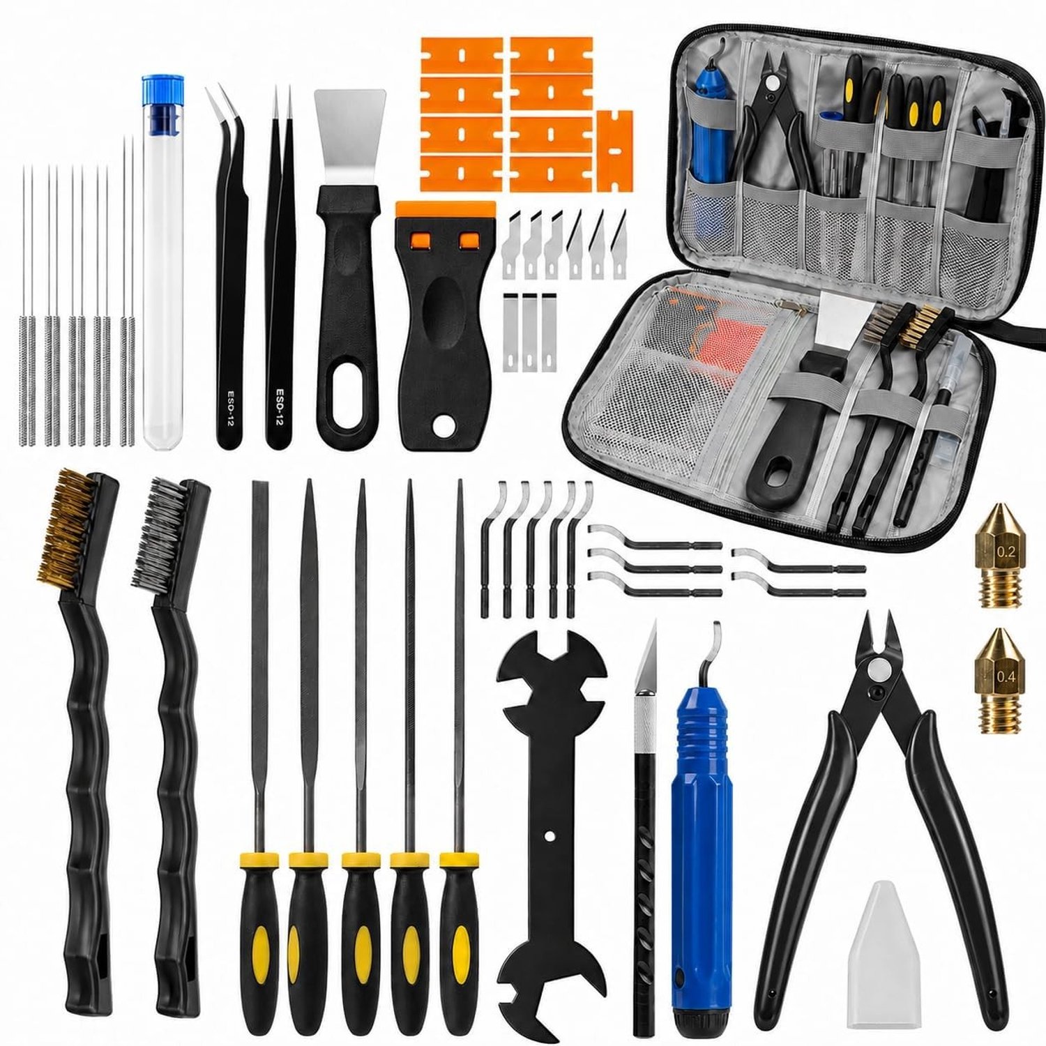 Complete 57-delige gereedschapsset voor 3D-printers met reinigingskit, ontbraamtools en accessoires voor modelafwerking, inclusief tweezers, vijlen en spatula.