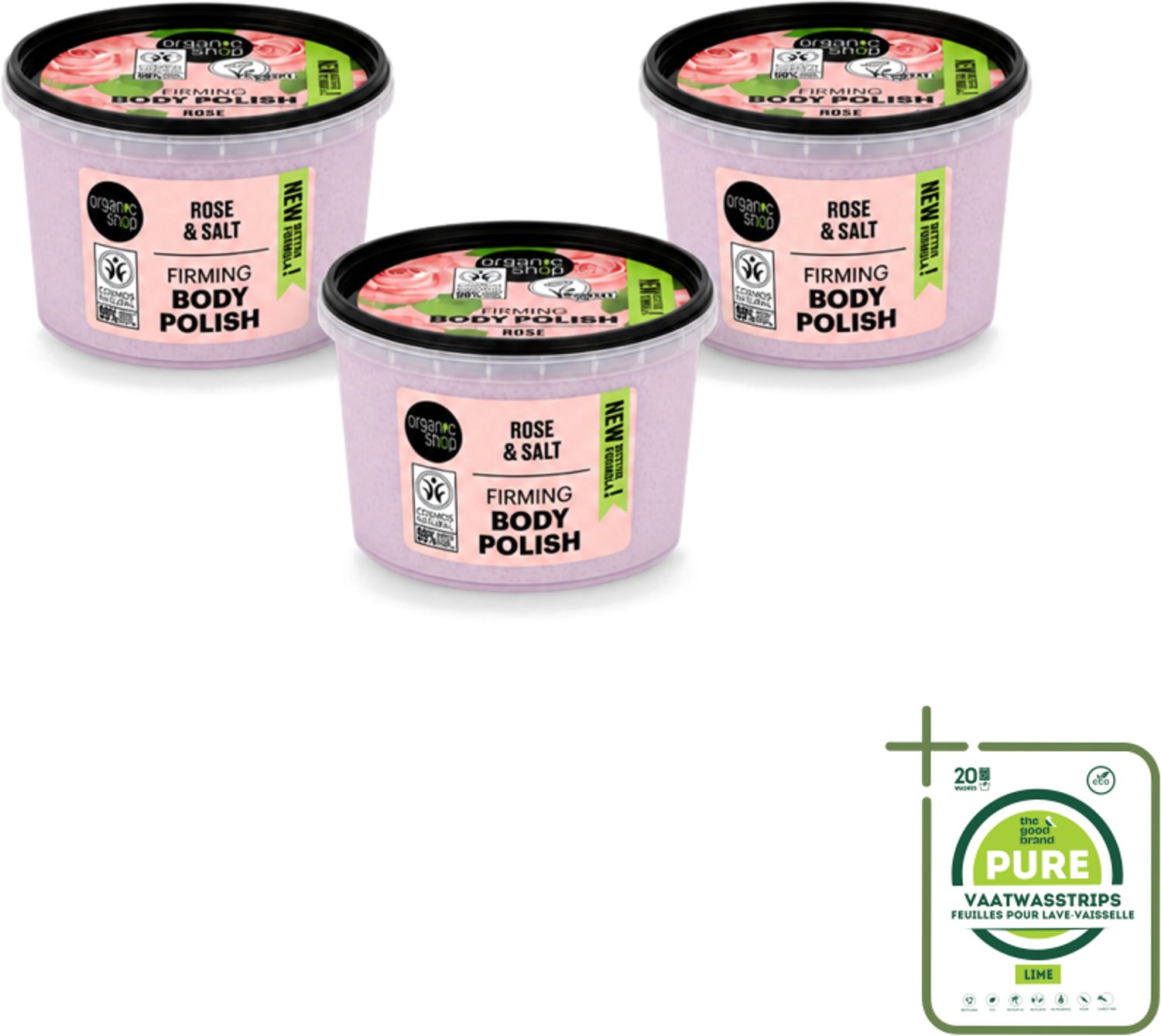 3 x Organic Shop - Body Scrub Rose - Hydraterend en Verzorgend - 250 ml - Grootverpakking - Vaatwasstrips - Bodyscrub - Huidverzorging - Exfoliëren - Amandelolie - Rietsuiker