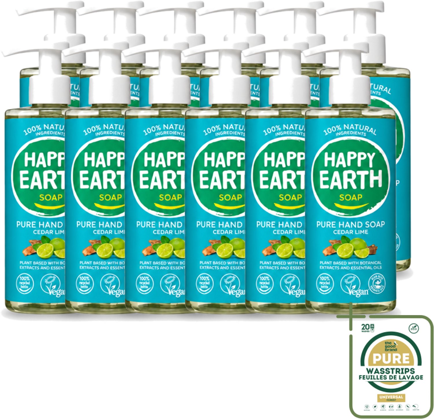 12 x Happy Earth – Handzeep – 100% Natuurlijk Cedar Lime – 300 ml - Wasstrips - Natuurlijke Handzeep - Ceder En Limoen - Handzeep Vegan - Handzeep Antibacterieel - Handzeep Voor Huid