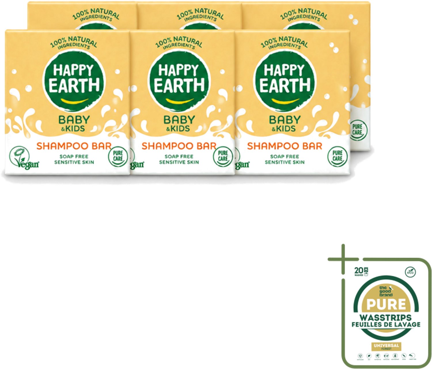 6 x Happy Earth – Shampoo Bar – 100% Natuurlijk Baby & Kids – 50 g - Wasstrips - Baby Shampoo - Natuurlijke Shampoo - Zeepvrije Shampoo - Kinderhuid - Allergeen