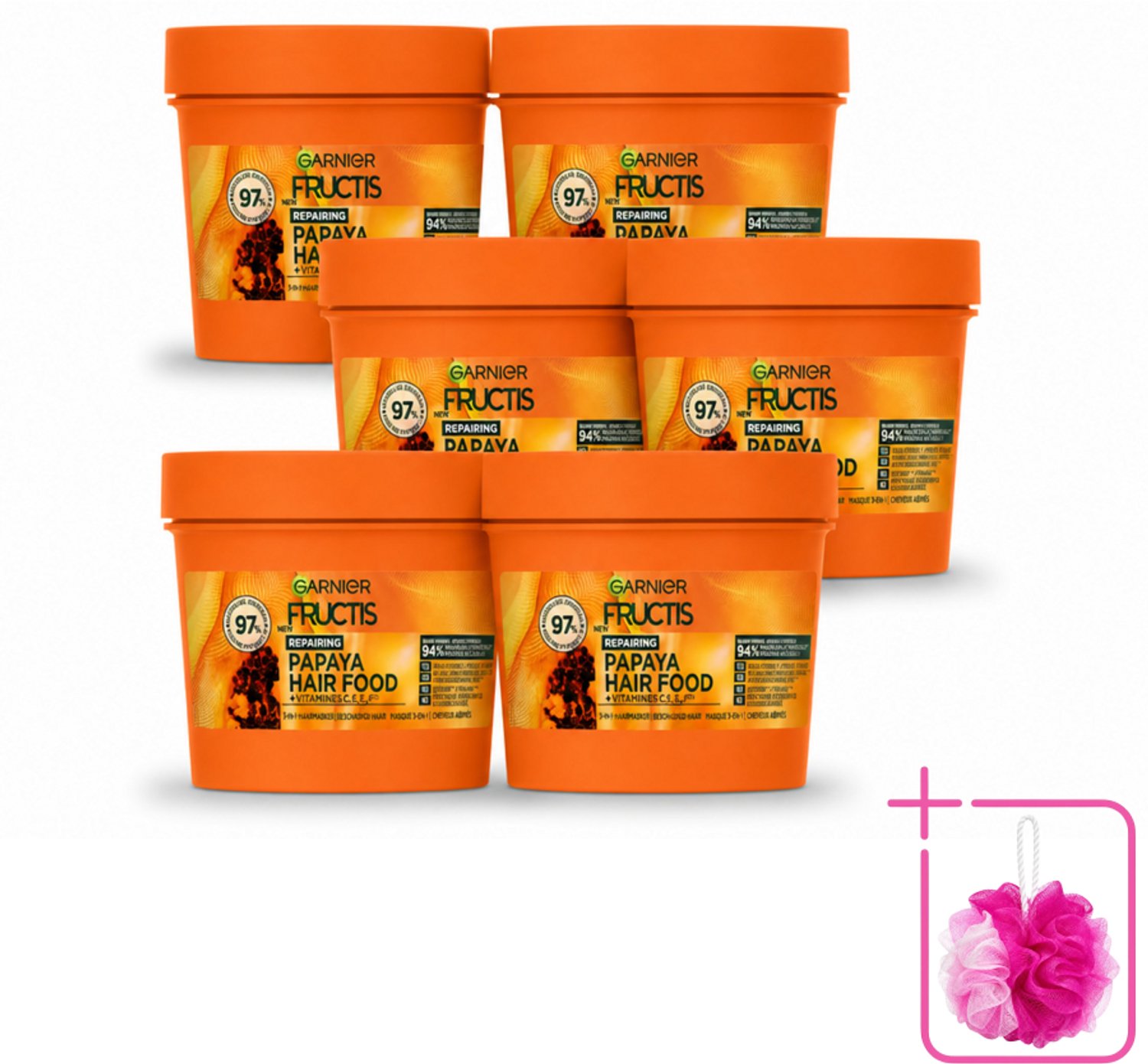 6 x Garnier - Fructis Hair Food Papaya - 3-in-1 Haarmasker - Beschadigd Haar - 400 ml - Bulkverpakking - Haarmasker - Douchemop - Haarvoeding
