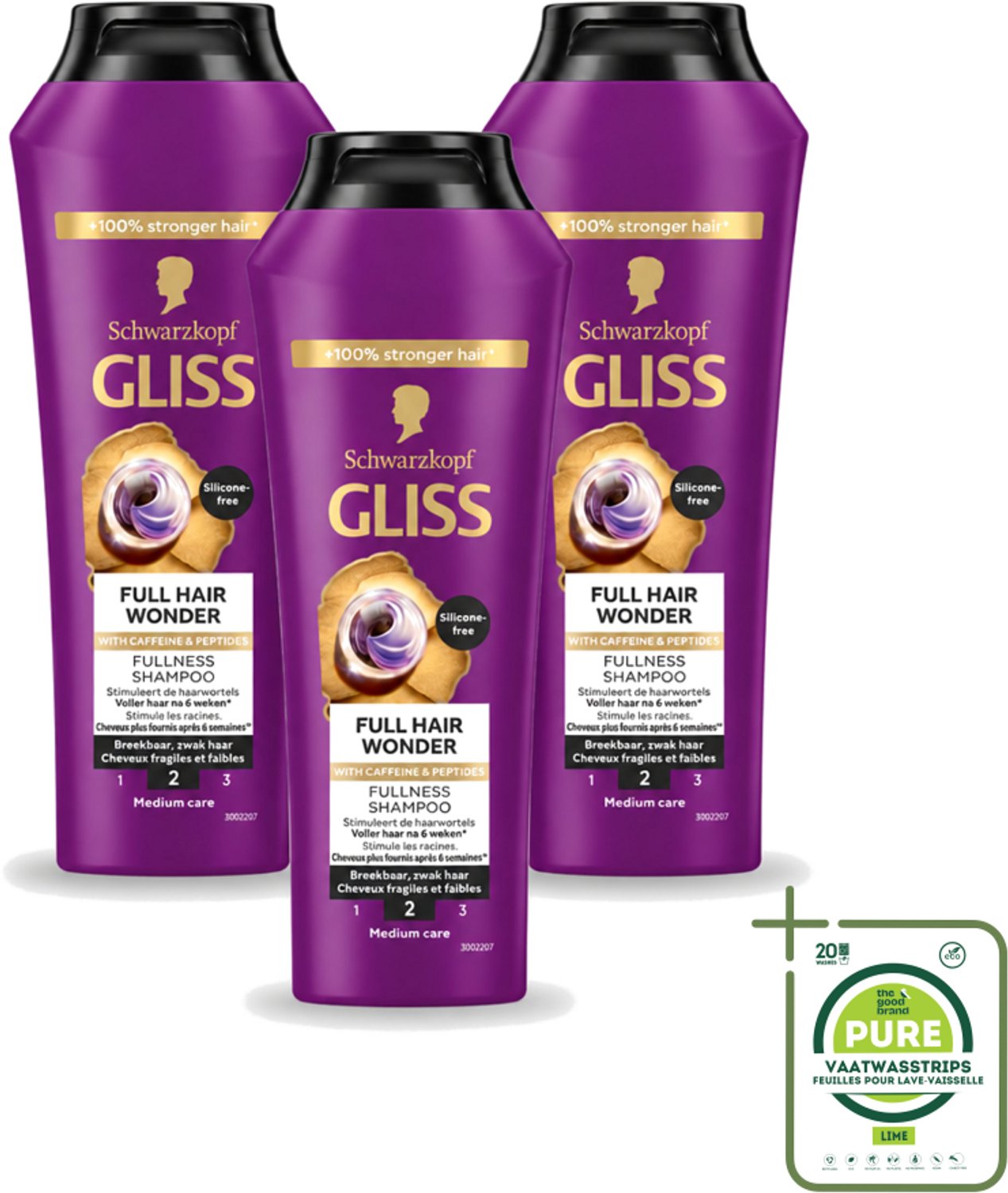 3 x Gliss Shampoo Full Hair Wonder - 250 ml - Grootverpakking - Vaatwasstrips - Haarversterkend Shampoo - Volume Voor Dun Haar - Biotine Shampoo - Peptiden Voor Haar - Gezond Haar
