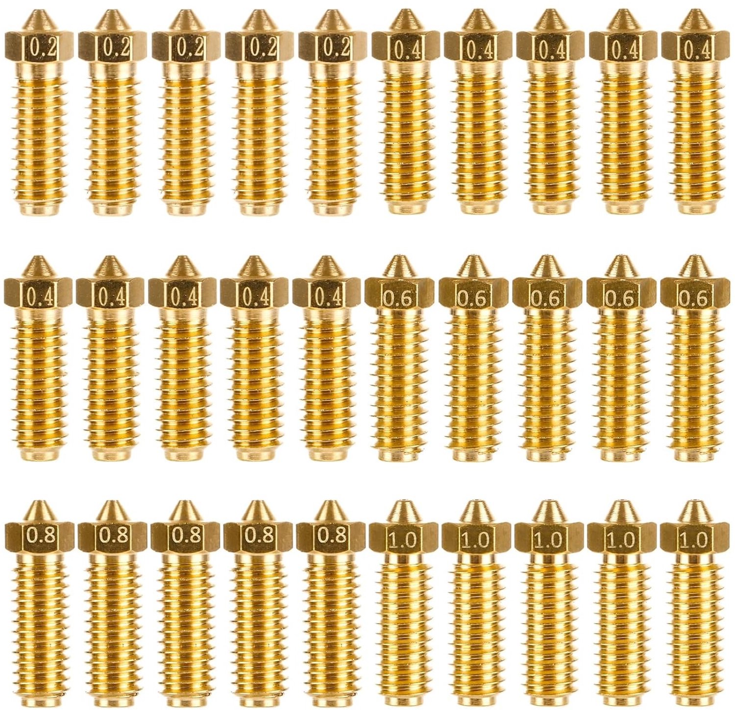 30 Stuks Messing Nozzles voor 3D-printers, Inclusief 0.3mm, 0.5mm, 0.8mm en 1.0mm, Geschikt voor FDM Filament en Hotend Nozzles