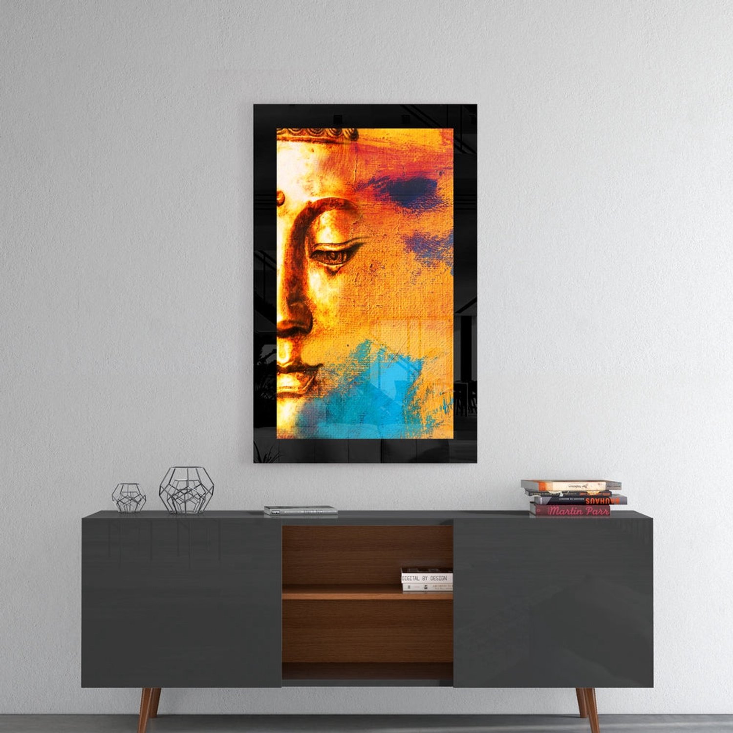 Glasschilderij – Goud-Blauw Boeddhaprofiel – Abstracte Wandkunst