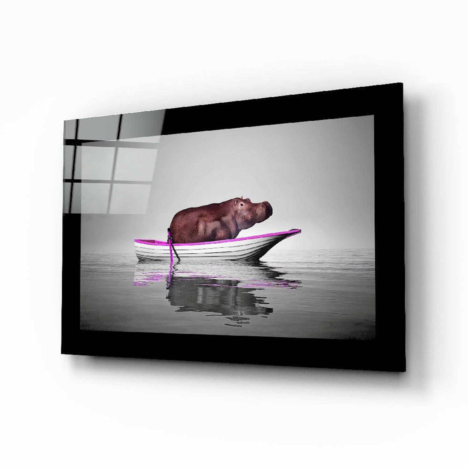 Insigne Art Glasschilderij – Nijlpaard in Roze Afgewerkte Boot op Grijs – Abstracte Wandkunst Meerkleurig