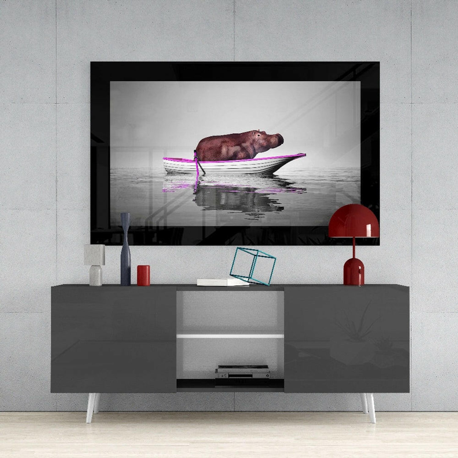 Glasschilderij – Nijlpaard in Roze Afgewerkte Boot op Grijs – Abstracte Wandkunst