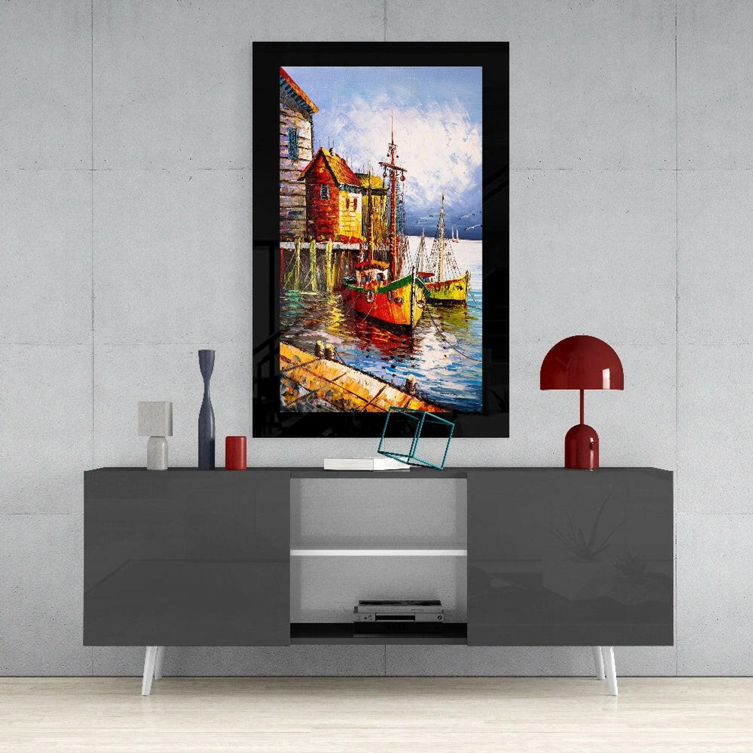 Glasschilderij – Vissersstad – Artistieke Wanddecoratie