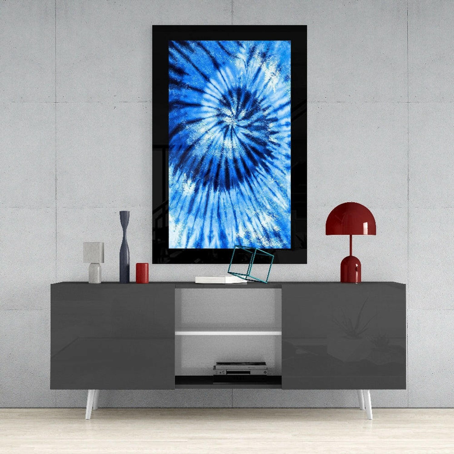 Glasschilderij – Blauwe Tie-Dye – Eigentijdse Wandkunst