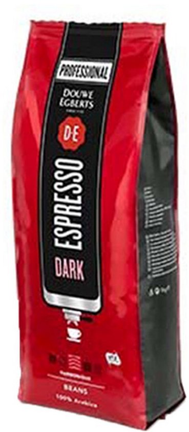 Rode verpakking Douwe Egberts Professional Espresso Dark koffiebonen met zwarte verticale baan.