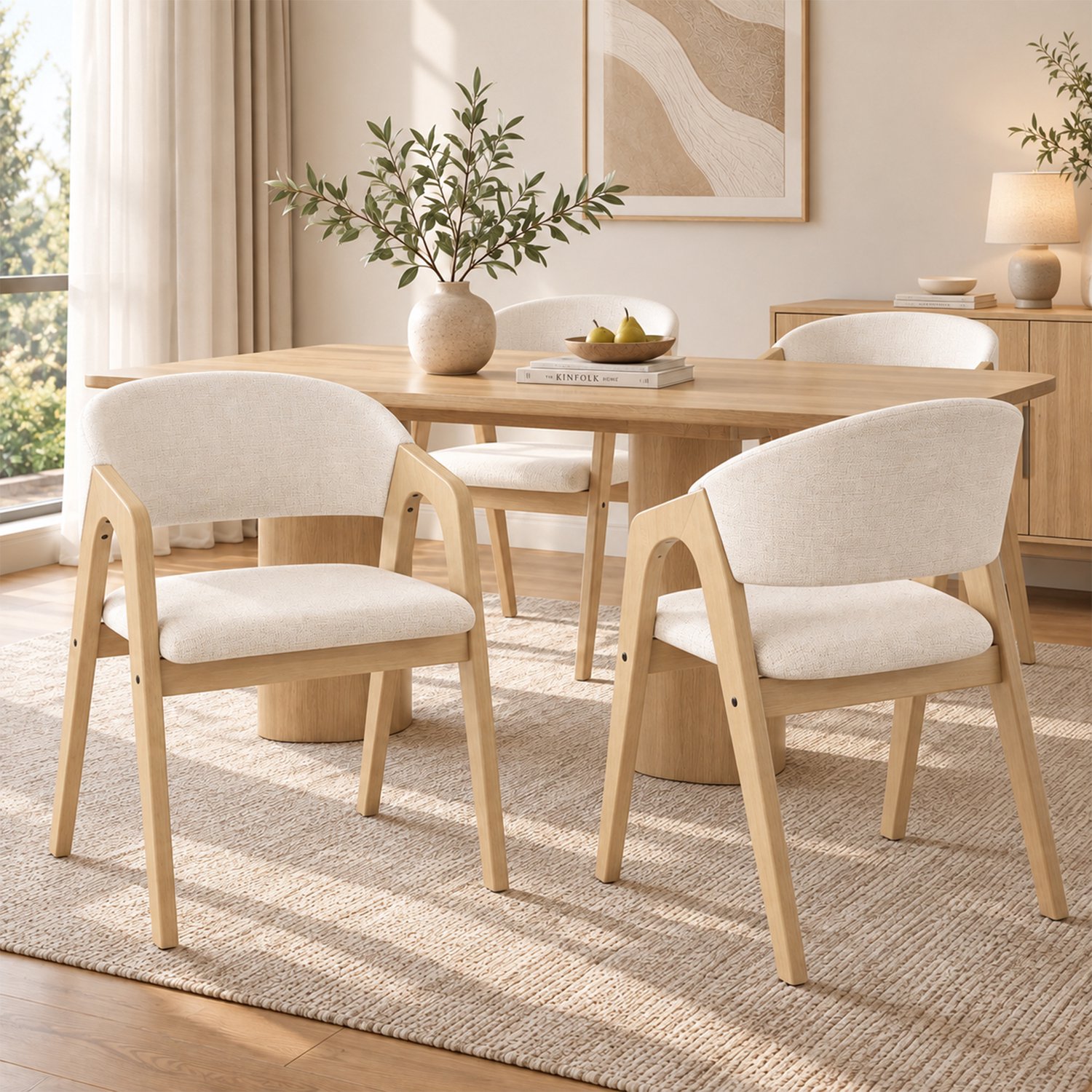 Clruro Eetkamerstoelen - Set van 4 - Gestoffeerd - Ademend - Massief Hout/Linnen - Naturel/Beige