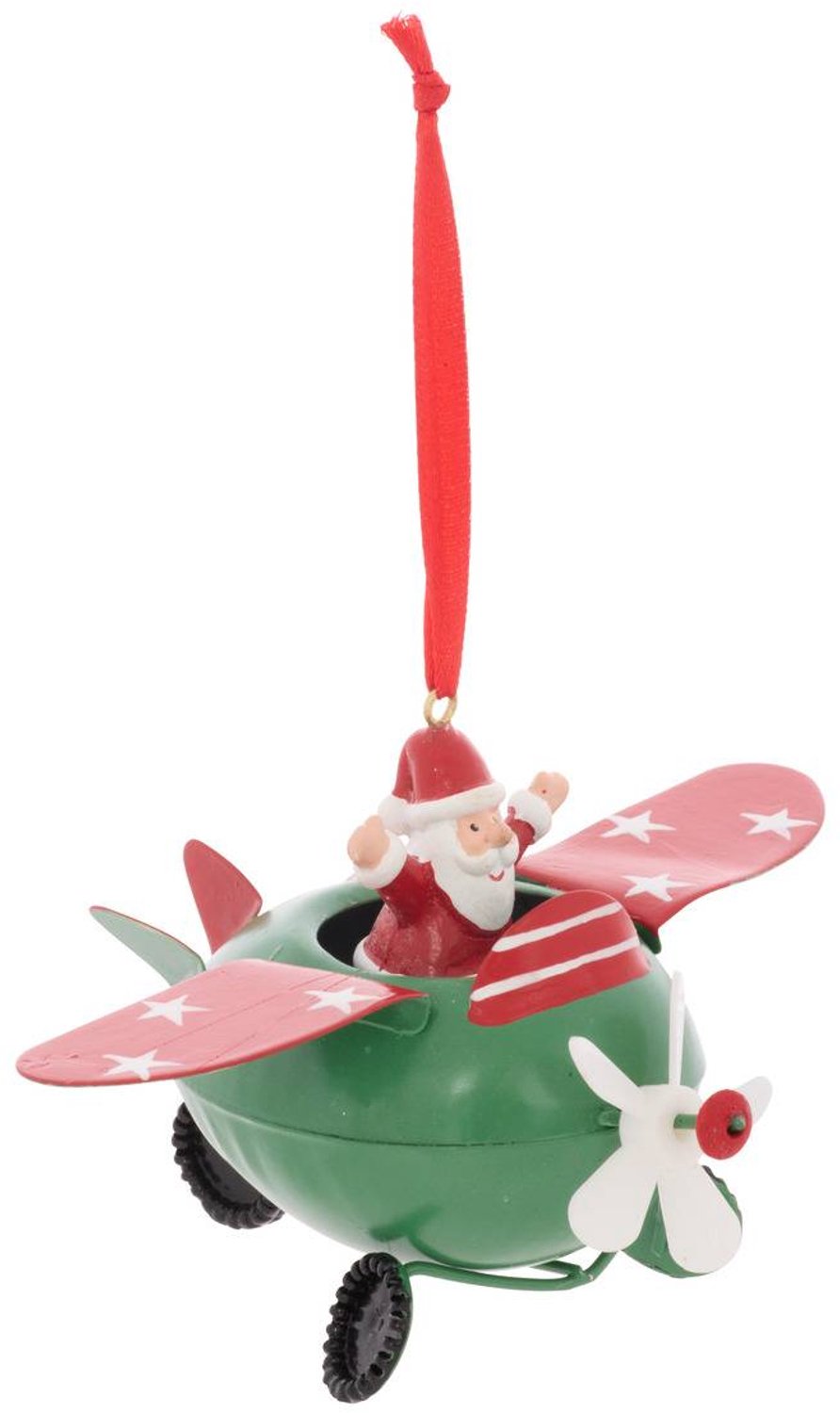 Feeric lights & Christmas Metalen kerstboomhanger in de vorm van een vliegtuig met de Kerstman, 13 cm Multicolore