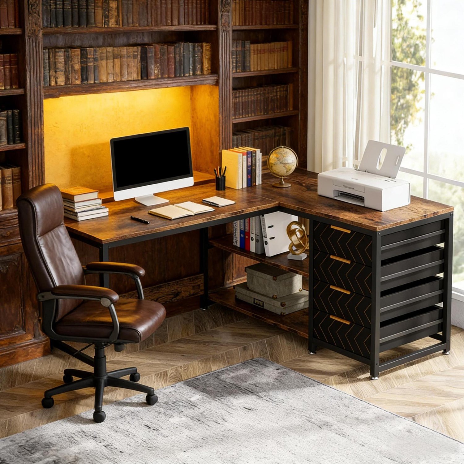 CHICFURN Hoekbureau 150 cm - Omkeerbaar L-vormig - 4 lades en 2-laags rek - Thuiskantoor - Metaal en spaanplaat - Zwart en rustiek bruin