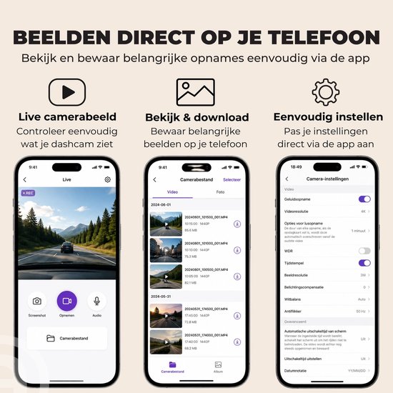 ADEL Dashcam voor Auto met 3 Camera’s, 1080P Full HD & Nachtzicht - WiFi & App - Voor, Binnen & Achter Camera - Incl. 32GB SD Kaart & NL Handleiding — afbeelding 5