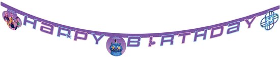 Paarse kartonnen Happy Birthday-slinger met K-pop Demon Hunters-thema, inclusief cartoonfiguren.