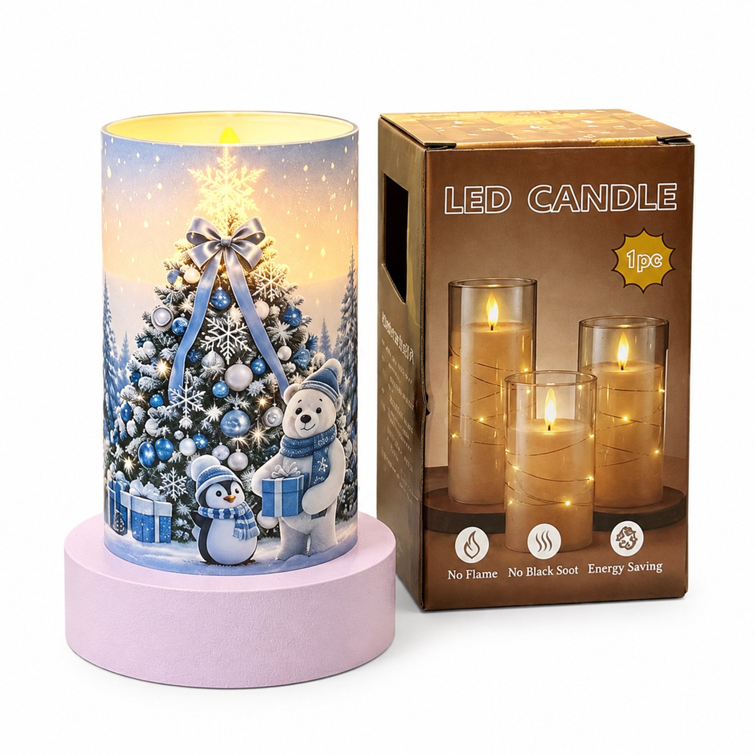 SWGOTA led kaarsen voor kerst: 1 blauwe LED-kaars van acryl, 7.5 × 12.5 cm, cilindervormig, op batterijen, in doos zonder batterijen