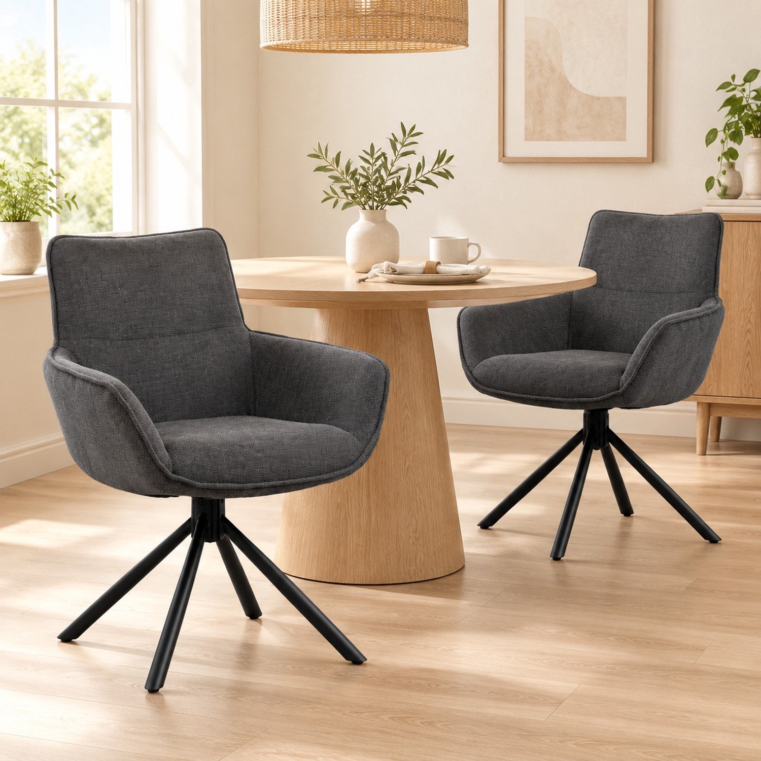 MODFU Eetkamerstoelen Set Van 2 - 360° Draaibaar Met Armleuningen - Metaal - Donkergrijs