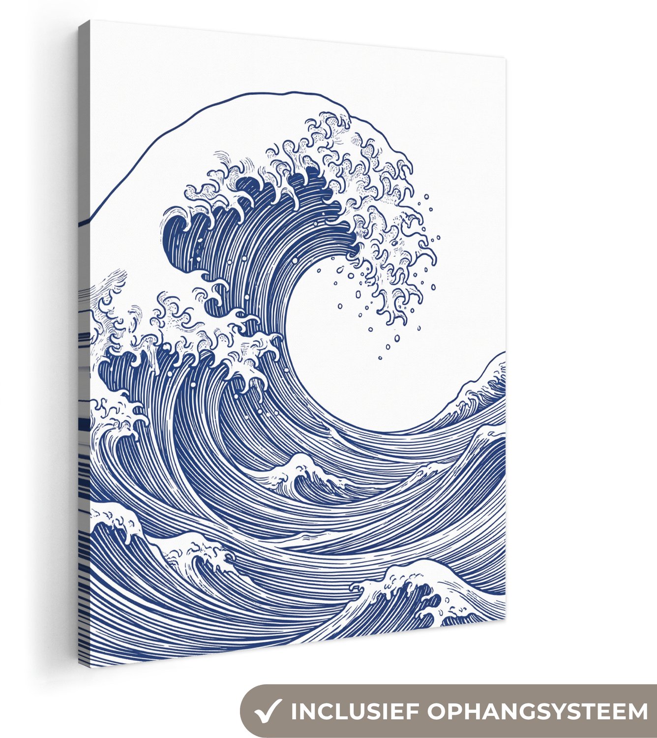 Canvas schilderij 60x80 cm - Exclusieve wanddecoratie Golf - Japans - Zee - Illustratie - Blauw - Muurdecoratie woonkamer - Slaapkamer decoratie - Kamer accessoires - Schilderijen op canvas