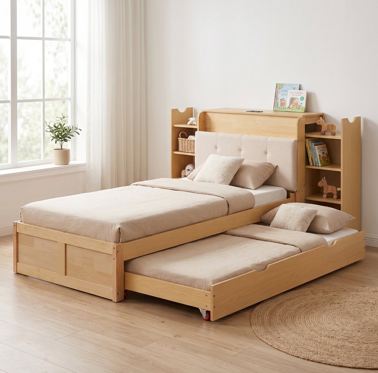 STILVORA Uitschuifbed 90x200 cm – Uitschuifbaar tot 180x200 cm – Onderbed op Wielen – Boekenkast voor Kinderkamer – Hout en MDF – Naturel – Zonder Matras Naturel hout