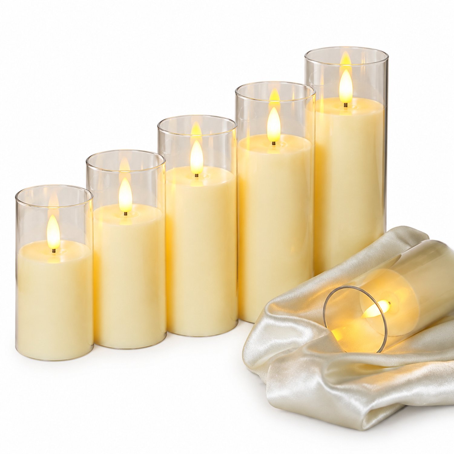 led kaarsen, set van 5 met transparante huls en ivoorkleurige kaarsvorm, diameter 5,5 cm, hoogtes 10 tot 20 cm, op batterijen