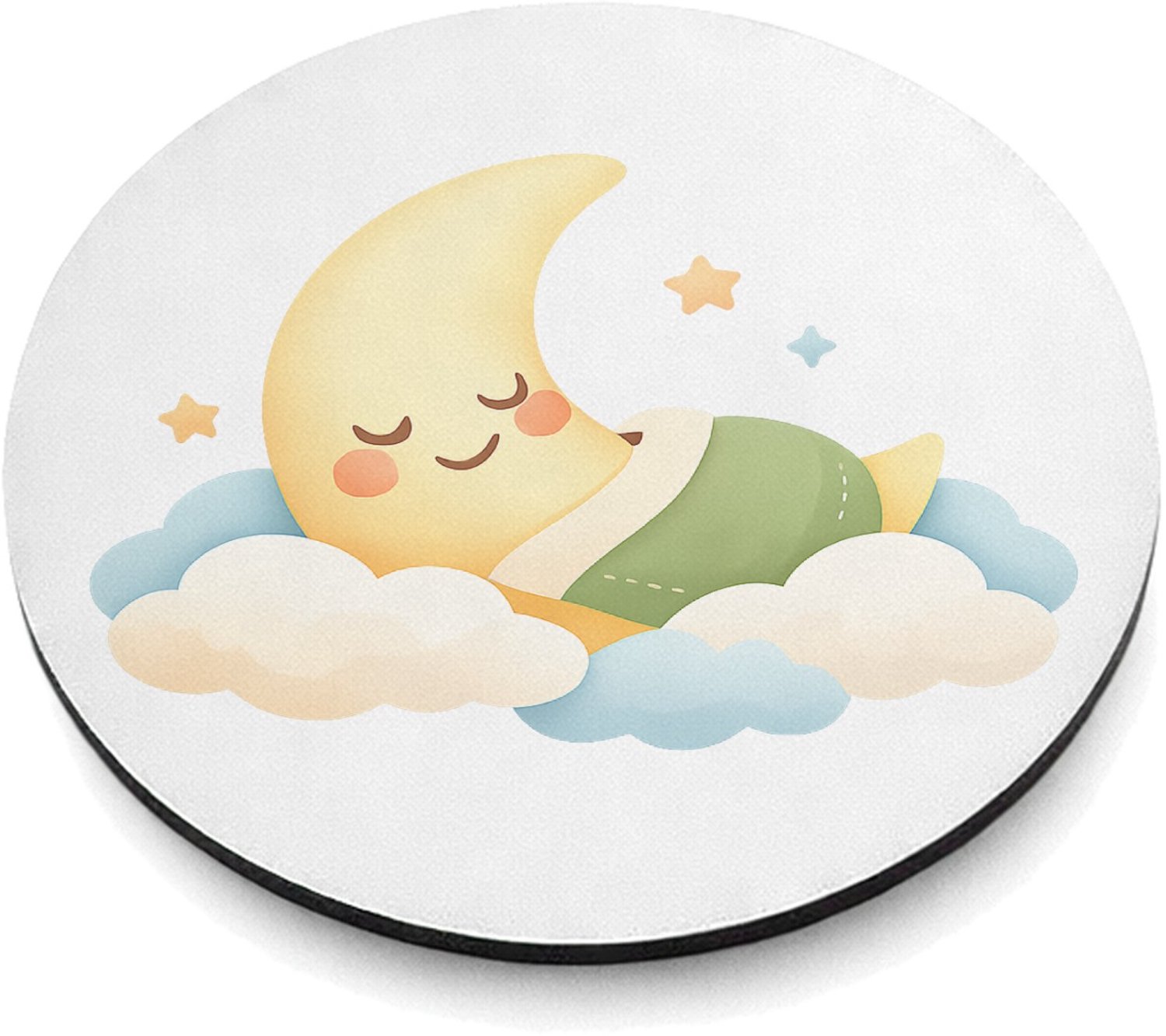 Mr Cadeautjes MDF magnetische fotolijst rond Ø 9,5 - design Een zachte babykamer-sfeer met een slapende maan en wolkjes | cadeau Wit