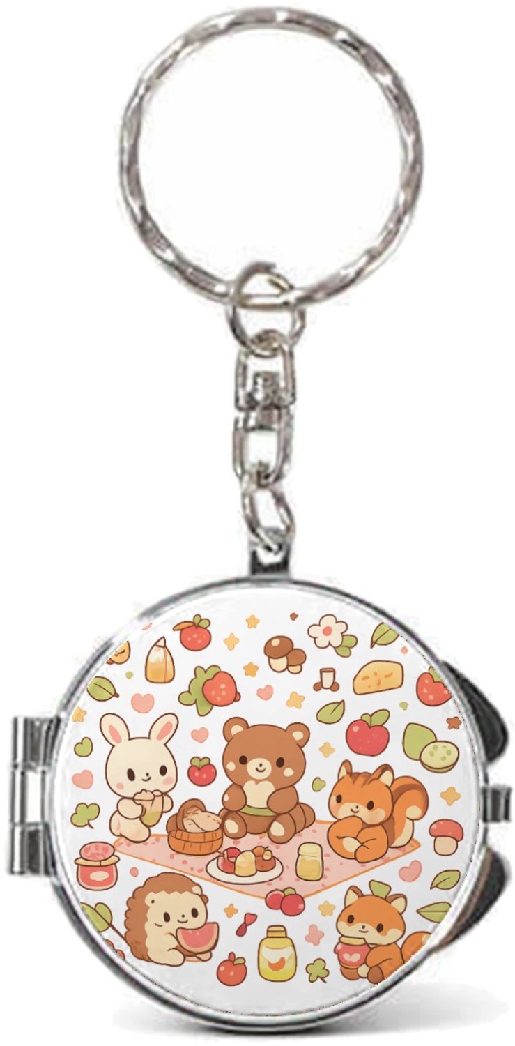 Mr Cadeautjes Sleutelhanger rond ~4,5 cm met spiegel - design Een vrolijke set kleine bosdieren die samen picknicken tusse | cadeau