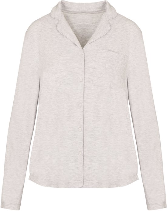 Lichtgrijs gemêleerd pyjamashirt met knoopsluiting, reverskraag en borstzak.