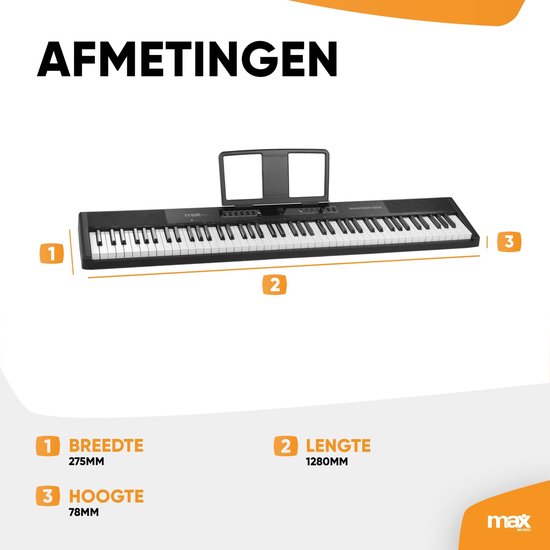 Digitale piano met aanduiding van de afmetingen: breedte 275mm, lengte 1280mm en hoogte 78mm.