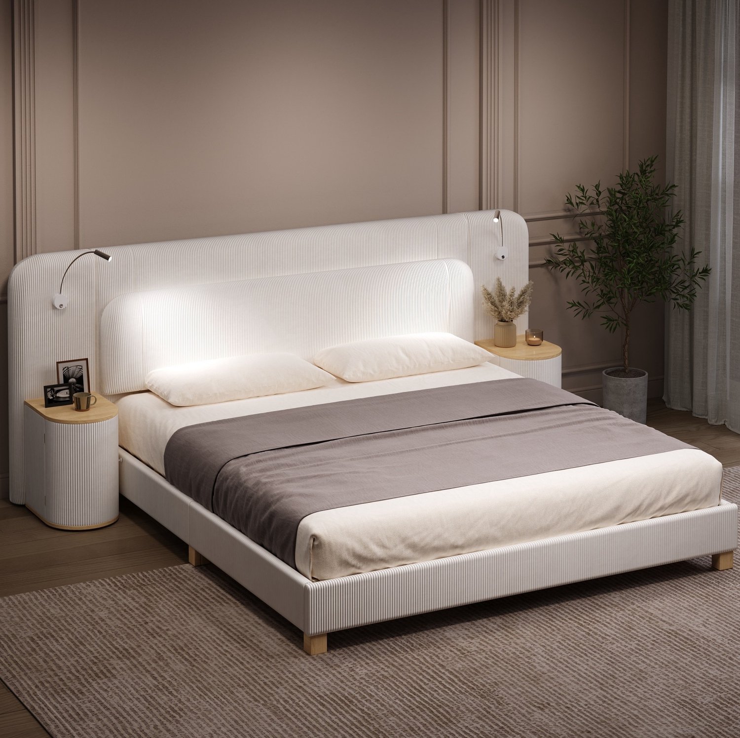 FloraGrace Tweepersoonsbed 180 x 200 cm - Gestoffeerd Bed met Ledverlichting - Met Twee Nachtkastjes - Ribfluweel - Beige