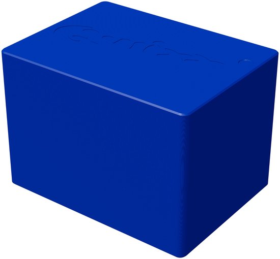 Blauwe Qwixx opbergdoos in gesloten toestand met reliëflogo op het deksel.