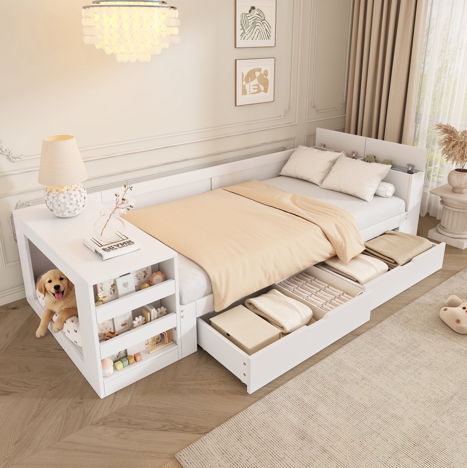 MIVRAY Eenpersoonsbed 90x200cm - Bed met Huisdierplek - Met Twee Lades en Opbergvakken - Zonder Matras voor de Slaapkamer - Hout en MDF - Wit